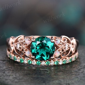 Vintage emerald engagement ring set unique opal ring for women rose gold natural emerald wedding band butterfly diamond ring bridal set gift