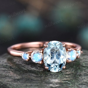 Unique vintage oval cut aquamarine engagement ring minimalist five stone moonstone ring for women 14k rose gold silver promise wedding ring