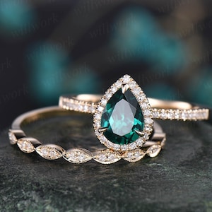 Green Emerald Engagement Ring Set Rose Gold Emerald Ring Vintage ...