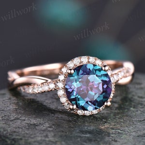 Round shaped Alexandrite ring vintage Alexandrite engagement ring solid 14k rose gold ring infinity diamond halo ring women dainty jewelry