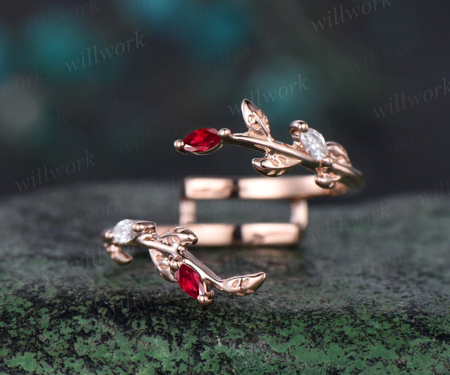 Unique Kite Cut Red Ruby Engagement Ring Twig Leaf Rose Gold