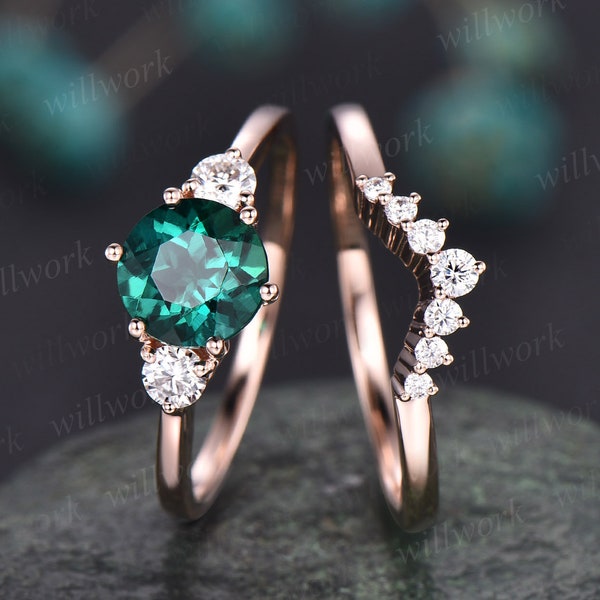 2pcs round emerald engagement ring set emerald rings for women vintage emerald bridal set solid 14k rose gold moissanite ring jewelry gift