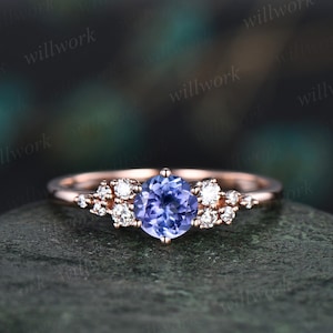 Round natural blue tanzanite ring vintage unique engagement ring 14k white gold 6 prong snowdrift diamond anniversary wedding ring for women image 3