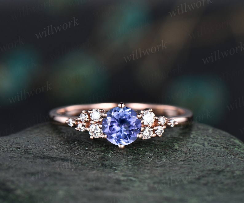 Round natural blue tanzanite ring vintage unique engagement ring 14k white gold 6 prong snowdrift diamond anniversary wedding ring for women image 3