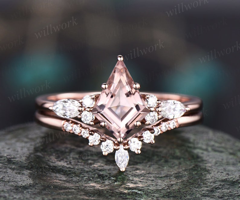 Vintage kite cut 1ct pink morganite engagement ring set 14k image 1