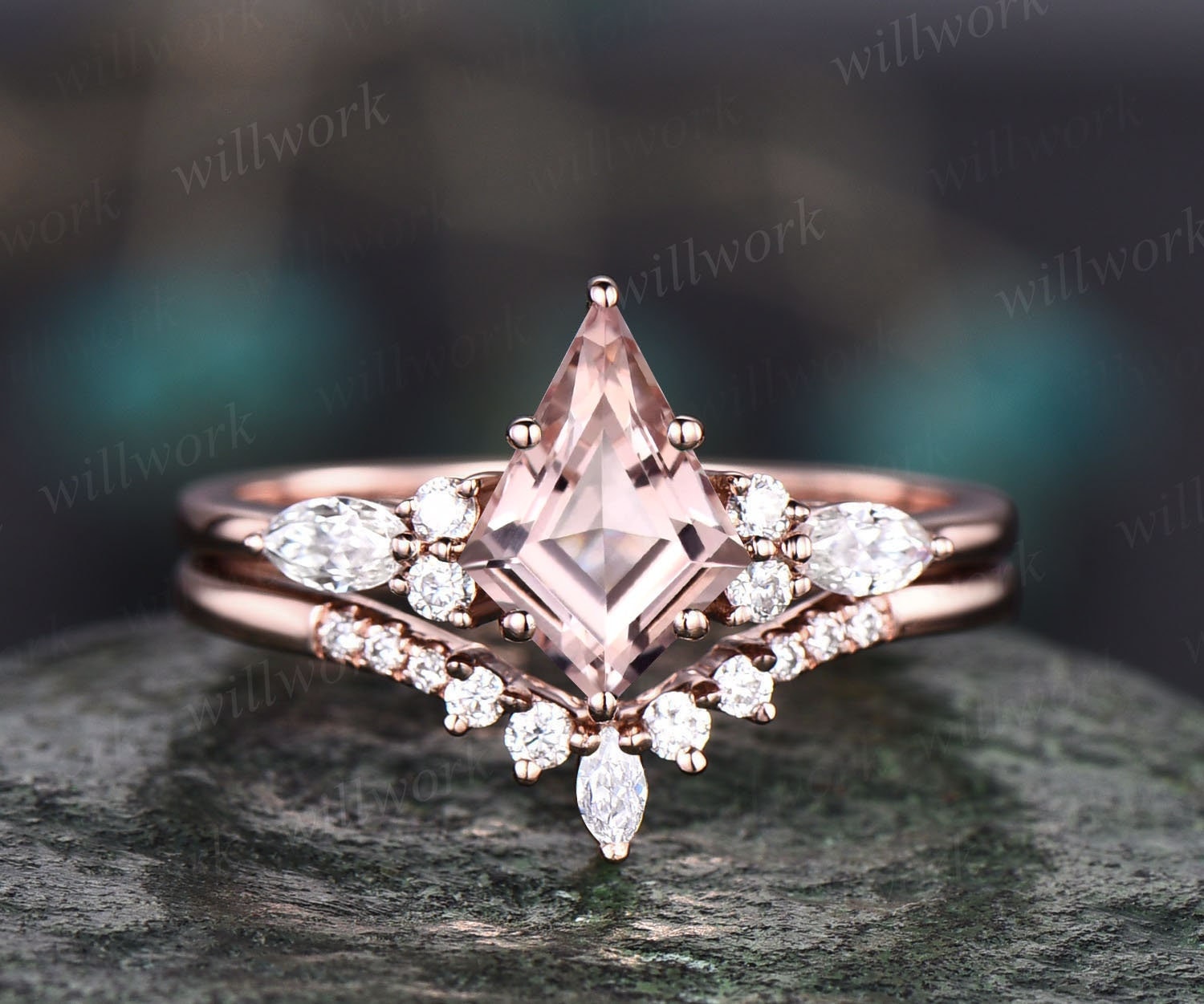Vintage Morganite Engagement Ring Set