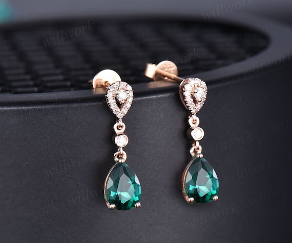 Pear shaped green emerald earrings solid 14k rose gold halo diamond drop  earrings women bridal anniversary gift for her jewelry