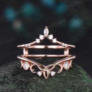 Double V curved diamond wedding band enhancer wraps solid 14k rose gold Celtic knot moissanite wedding ring band women anniversary gift