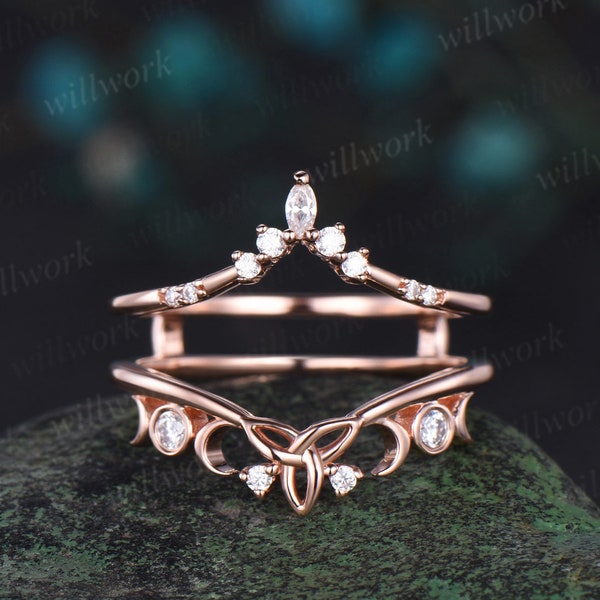 Double V curved diamond wedding band enhancer wraps solid 14k rose gold Celtic knot moissanite wedding ring band women anniversary gift