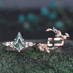Vintage kite cut moss agate engagement ring leaf stacking rose gold diamond wedding promise ring set women jewelry