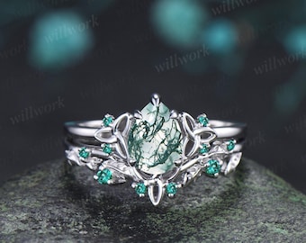 Pear shaped moss agate ring vintage celtic knot unique engagement ring leaf emerald bridal anniversary ring set jewelry gift for women