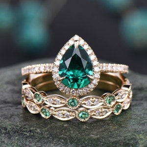 Vintage Unique Pear Shaped Emerald Engagement Ring Set Halo - Etsy