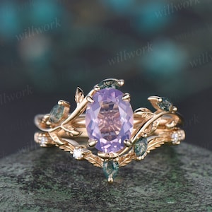 Vintage oval Lavender Amethyst engagement ring yellow gold art deco cluster leaf nature inspired moss agate bridal wedding ring set women