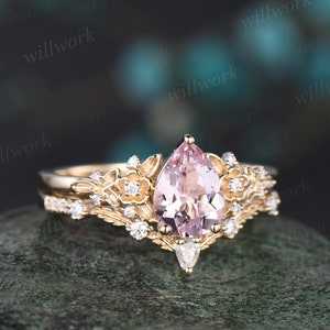 Vintage pear pink morganite engagement ring floral leaf diamond ring solid 14k  rose gold nature inspired bridal wedding ring set women