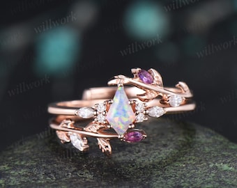 Unique kite cut white opal engagement ring twig leaf rose gold diamond amethyst wedding band enhancer anniversary ring women gift