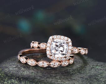Cushion cut lab grown diamond engagement ring vintage halo marquise half eternity milgrain moissanite wedding promise ring set women