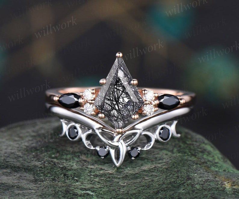 kite cut black rutilated quartz ring unique engagement ring set rose gold vintage moissanite ring women black diamond wedding ring set image 1