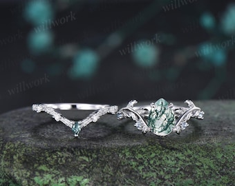 Vintage pear cut green moss agate engagement ring 14k white gold cluster leaf nature inspired aquamarine anniversary wedding ring set women