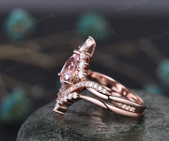 Morganite ring set vintage rose gold pear shaped pink morganite engagement ring set halo unique engagement ring twisted wedding ring women