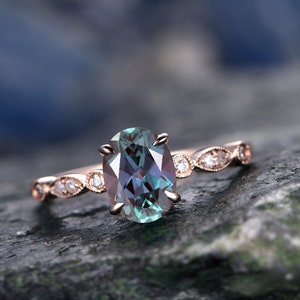 Oval Alexandrite engagement ring solid 14k rose gold Alexandrite ring gold vintage art deco diamond ring June birthstone bridal wedding ring