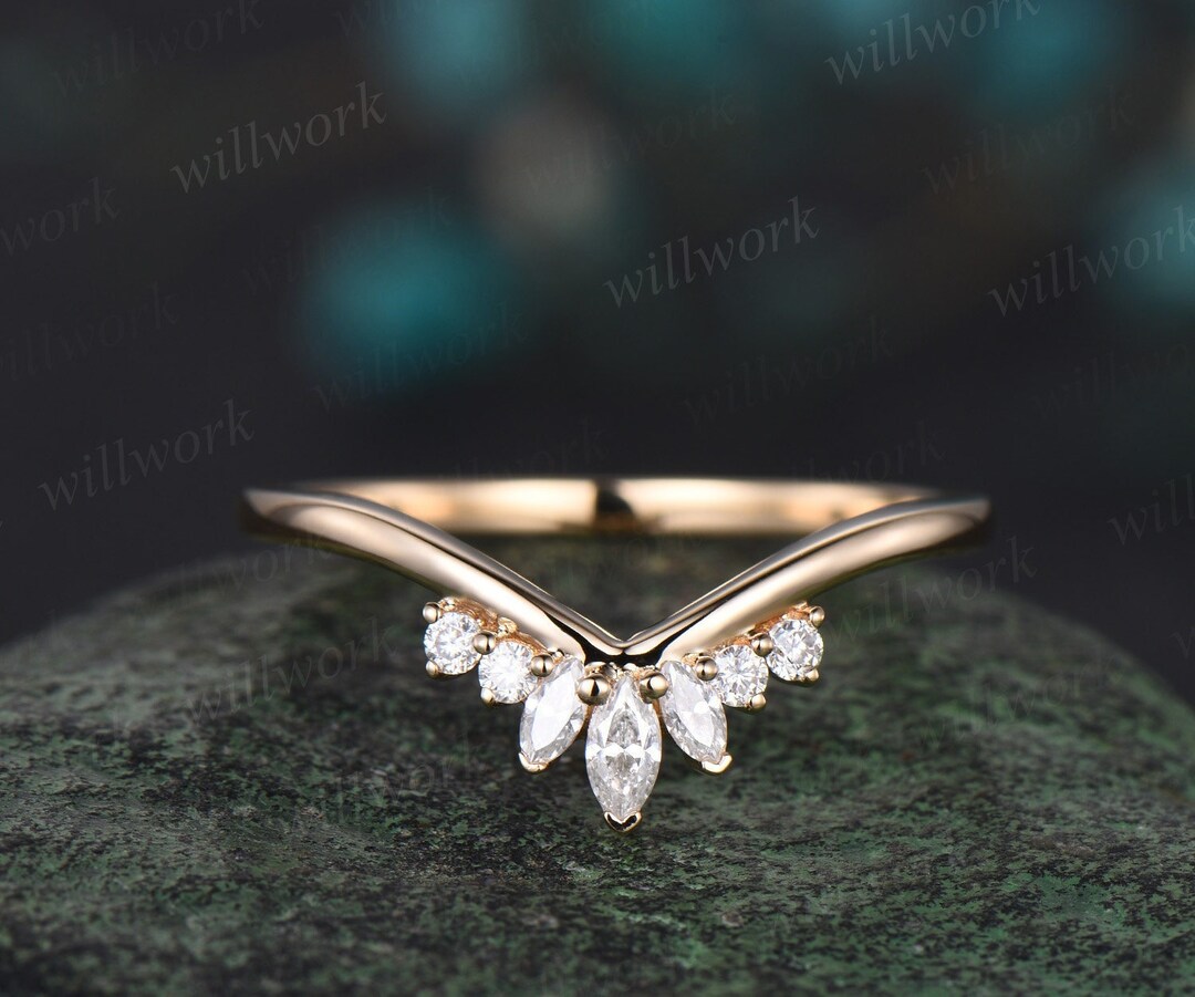 Curved V Shaped Marquise Cut Diamond Wedding Band Solid 14k Yellow Gold ...