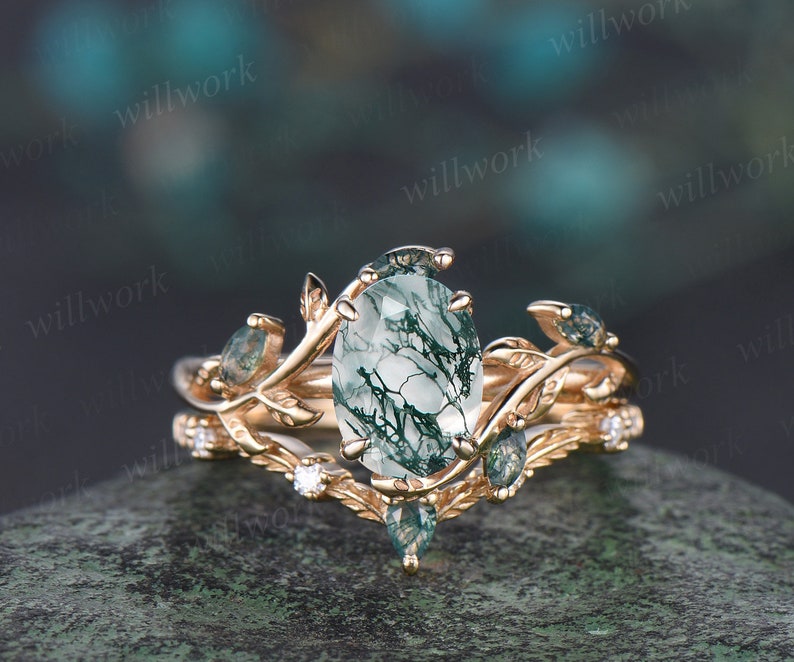 Vintage oval cut green moss agate engagement ring rose gold art deco cluster leaf nature inspired bridal promise wedding ring set women image 6