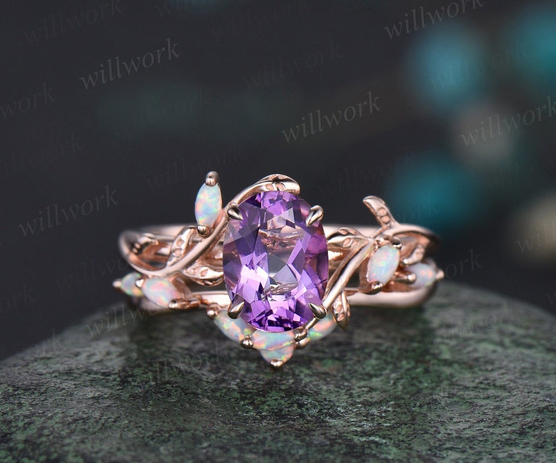 Oval Cut Purple Amethyst Ring Vintage Five Stone Opal Ring Rose Gold ...