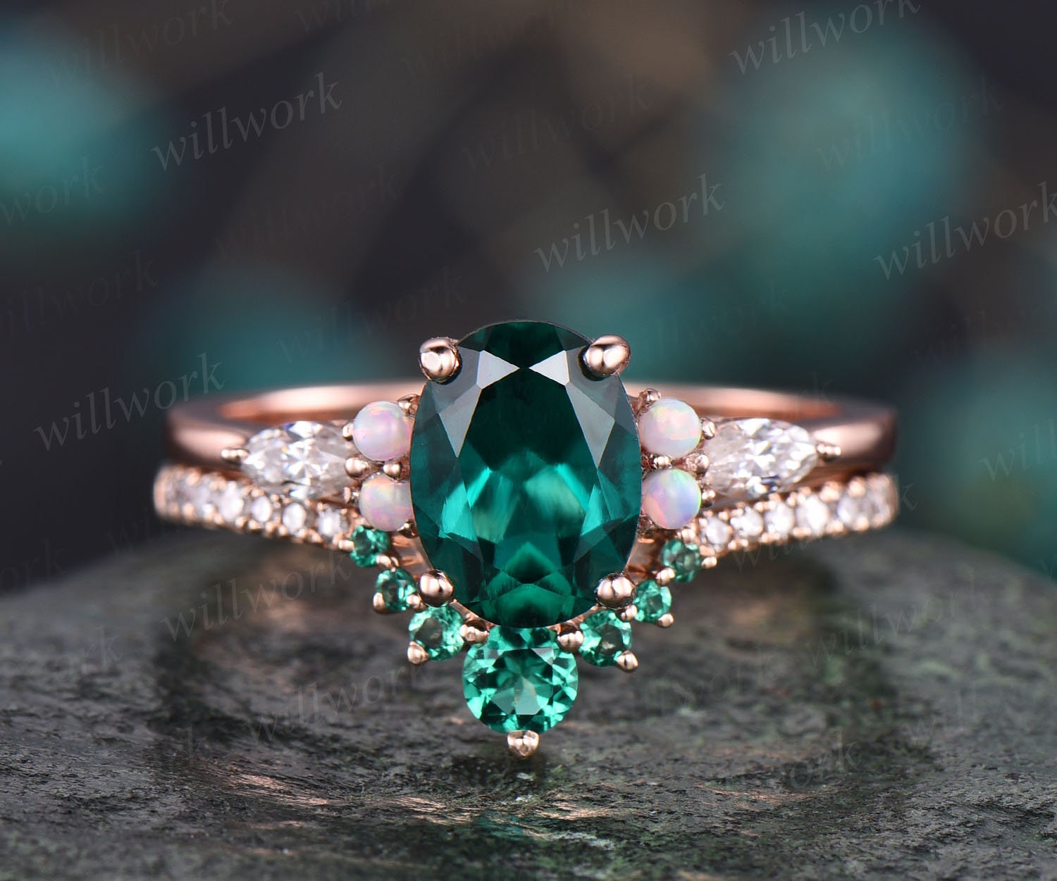 Vintage Emerald Engagement Ring Set 2pcs Oval Emerald Ring Set - Etsy