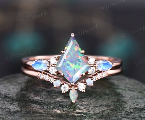 Vintage Kite Cut White Opal Engagement Ring Set 14k Rose Gold