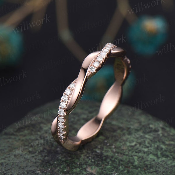 Alliance vintage en diamants torsadés de toute éternité en or rose massif 14 carats empilable, bague de mariage assortie, bijoux cadeau d'anniversaire