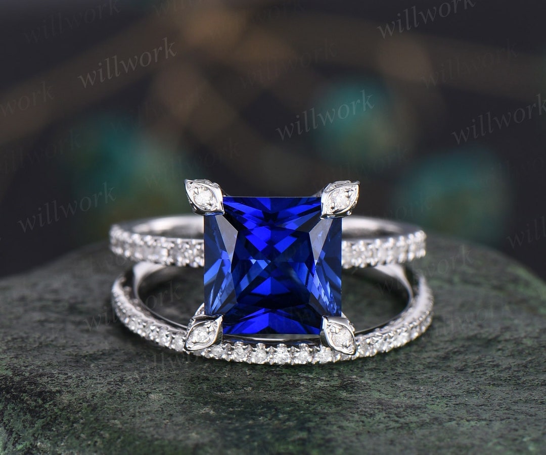 Princess Cut Sapphire Ring Vintage Sapphire Engagement Ring Set White Gold Art Deco Halo Pyramid