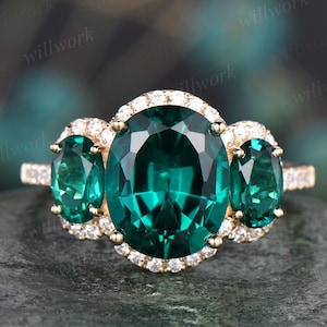 8x10mm oval geschliffener Smaragd Verlobungsring Vintage Smaragd Ring Roségold Halo Moissanit Mai Geburtsstein Versprechen Jahrestag Ring Frauen
