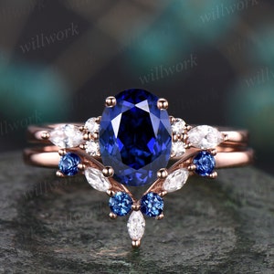 Oval cut sapphire engagement ring set vintage rose gold ring natural sapphire wedding ring band art deco moissanite ring set jewelry gift