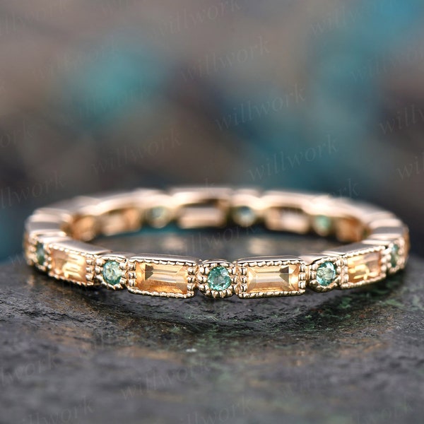 Natural citrine wedding band natural emerald wedding ring band solid 14k yellow gold unique ring full eternity matching band engagement ring