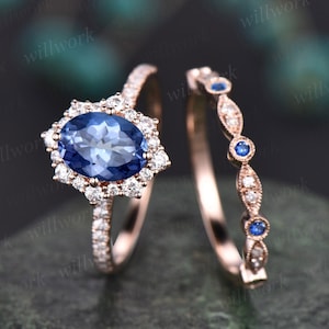 Ovalschliff Tansanit Verlobungsring Set 14k Rose Gold Schneeverwehung Moissanit Ring Art Deco Saphir Diamant Ehering Band für Frauen