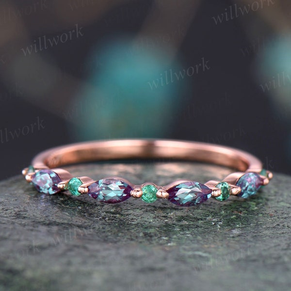 Marquise alexandrite wedding band Natural emerald ring for women vintage emerald wedding ring rose gold eternity bridal anniversary ring