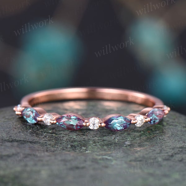 Art deco Alexandrite wedding band vintage diamond wedding ring band rose gold Alexandrite ring women marquise ring setting anniversary gift