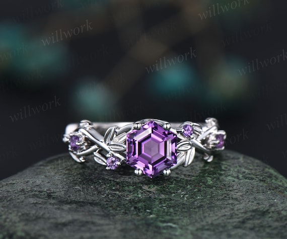 Amethyst Ring Vintage Hexagon Cut Amethyst Engagement Ring 14k