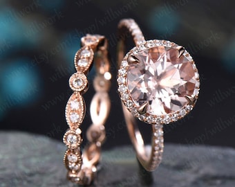 Vintage unique round cut Morganite engagement ring set solid 14k rose gold halo full eternity marquise diamond promse wedding ring set women