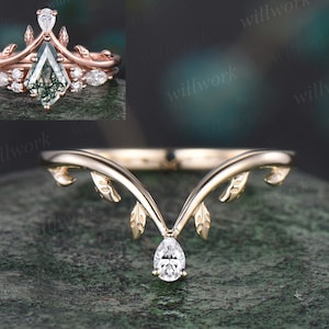 Nature inspired leaf pear diamond wedding band 14k yellow gold art deco vintage moissanite wedding ring band anniversary ring women gift