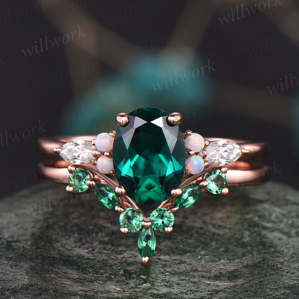 Oval cut emerald ring gold for women vintage emerald engagement ring set art deco rose gold opal ring set dainty moissanite wedding set gift