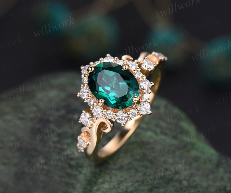 Vintage oval cut emerald engagement ring halo diamond ring 14k yellow gold art deco May birthstone ring unique bridal ring women jewelry image 1
