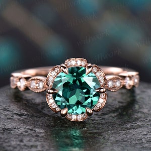 7mm emerald ring vintage emerald engagement ring 14k rose gold diamond under halo ring unique antique marquise floral wedding promise ring