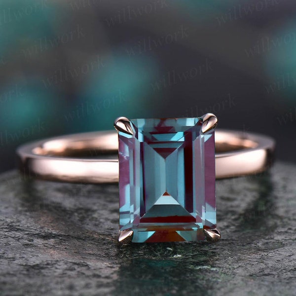 6x8mm emerald cut Alexandrite engagement ring 14k/18k rose gold vintage unique solitaire engagement ring wedding anniversary gift for her