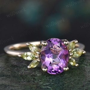 2ct oval purple amethyst ring vintage marquise peridot ring yellow gold unique engagement ring women gemstone wing ring promise ring her