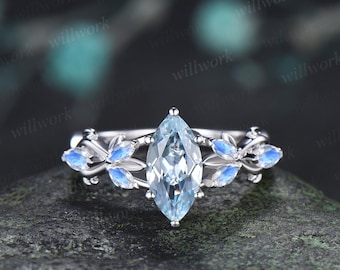 1ct marquise cut aquamarine moonstone engagement ring vintage solid 14k white gold leaf infinity promise wedding ring women jewelry