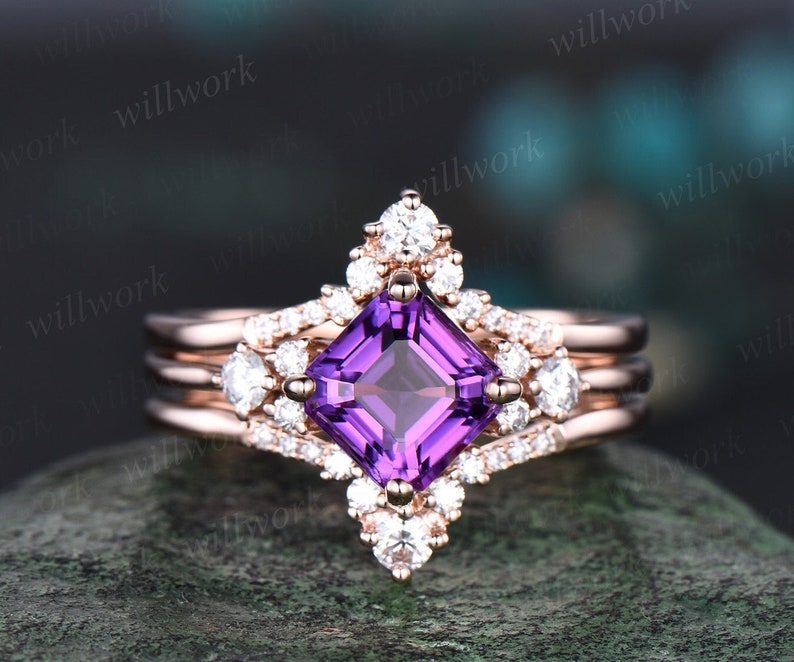 Asscher cut amethyst ring gold vintage purple amethyst engagement ring set 14k rose gold moissanite ring unique promise ring set women gift 3pc ring set