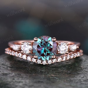 Alexandrit Ring Gold Damen Vintage Alexandrit Verlobungsring Set Rosegold Brautring Set Art Deco Moissanit Ring Set Versprechen Ring Set