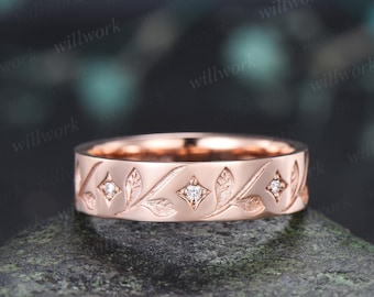 Nature inspired leaf star mens wedding band solid 14k rose gold moissanite full eternity wedding ring retro anniversary ring gift