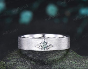 Anello nuziale da uomo in agata muschiata taglio aquilone con nodo celtico, finitura spazzolata, oro bianco 14 carati, regalo retrò per anniversario, argento